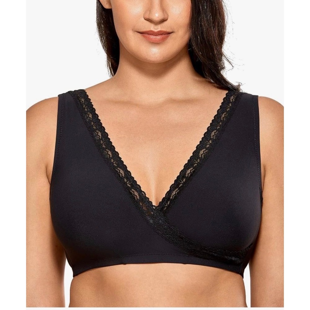 DELIMIRA Soft Sleep Bra Womens 42F/G Black Lace Trim Wireless Wide Strap W588‎